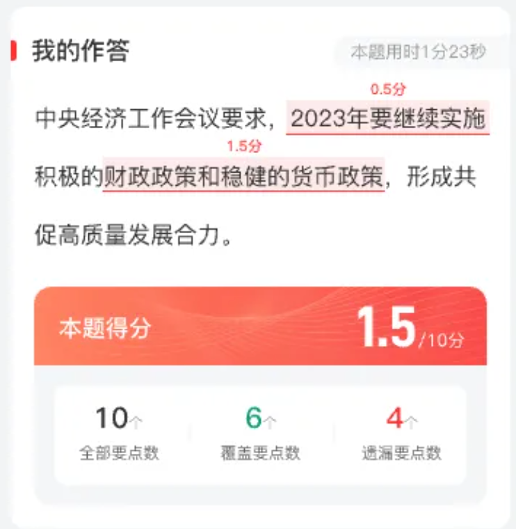 申论作答批改结果:本题得分 1.5 分,覆盖要点 6 个,遗漏要点 4 个